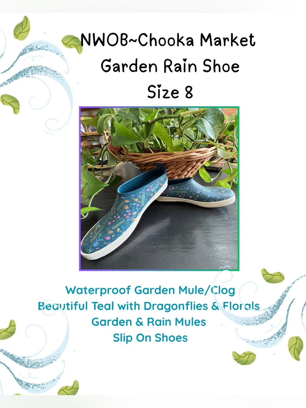 NWOB ~ Chooka Waterproof Garden Shoes Mules Teal Floral Dragonflies - size 8